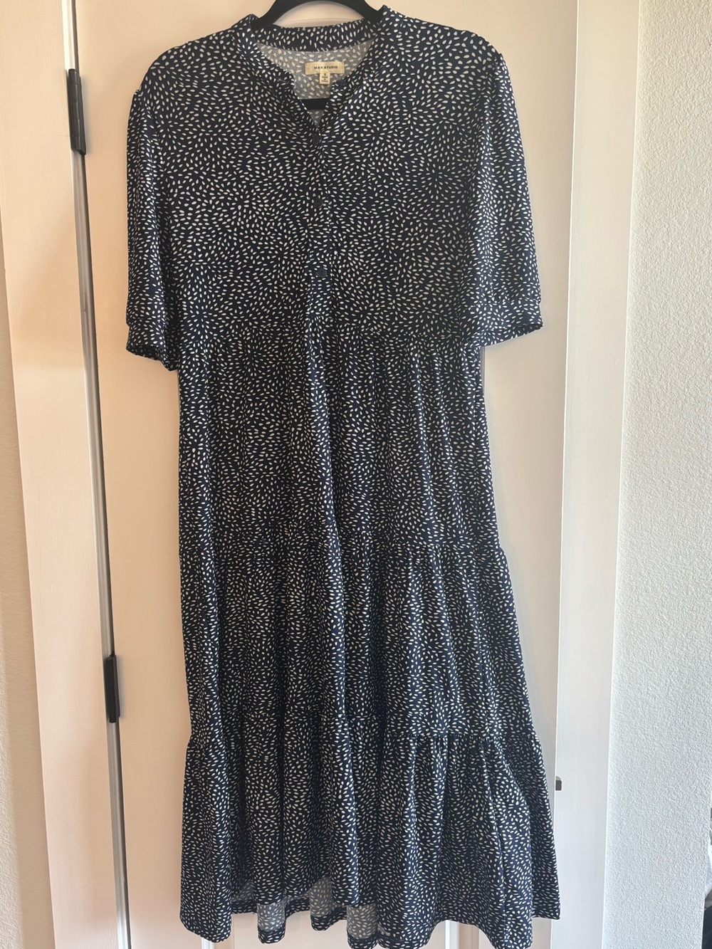 Max Studio Polka Dot Button Front V-Neck Midi Dress Women's S Navy White